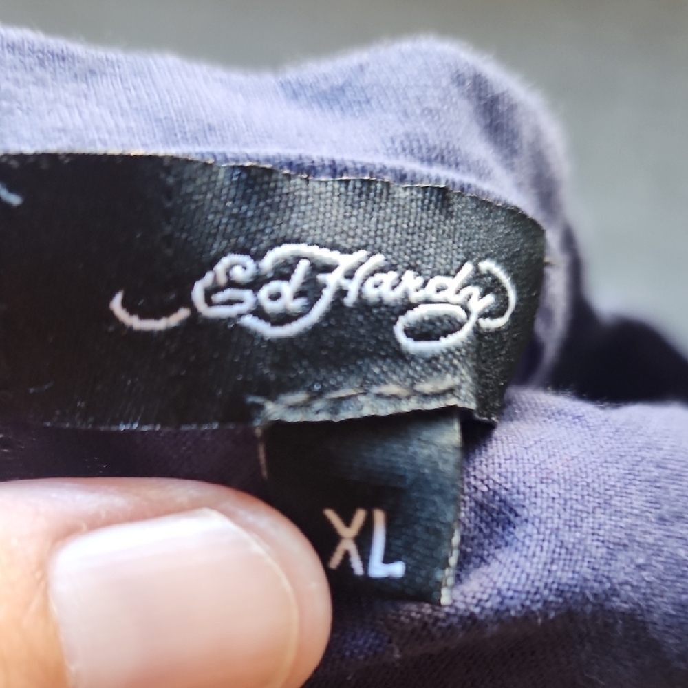 Ed Hardy Cropped Tattoo Graphic Long Sleeve Tee Y2K Navy XL - Picture 7 of 10